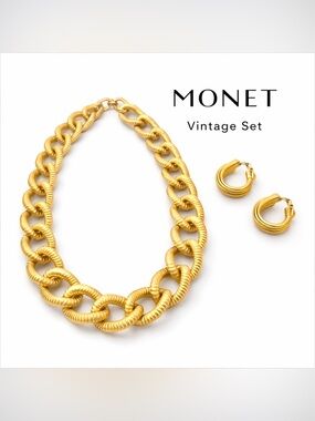 Monet Gold-Tone Textured Link Necklace with Matching Hoop Earrings